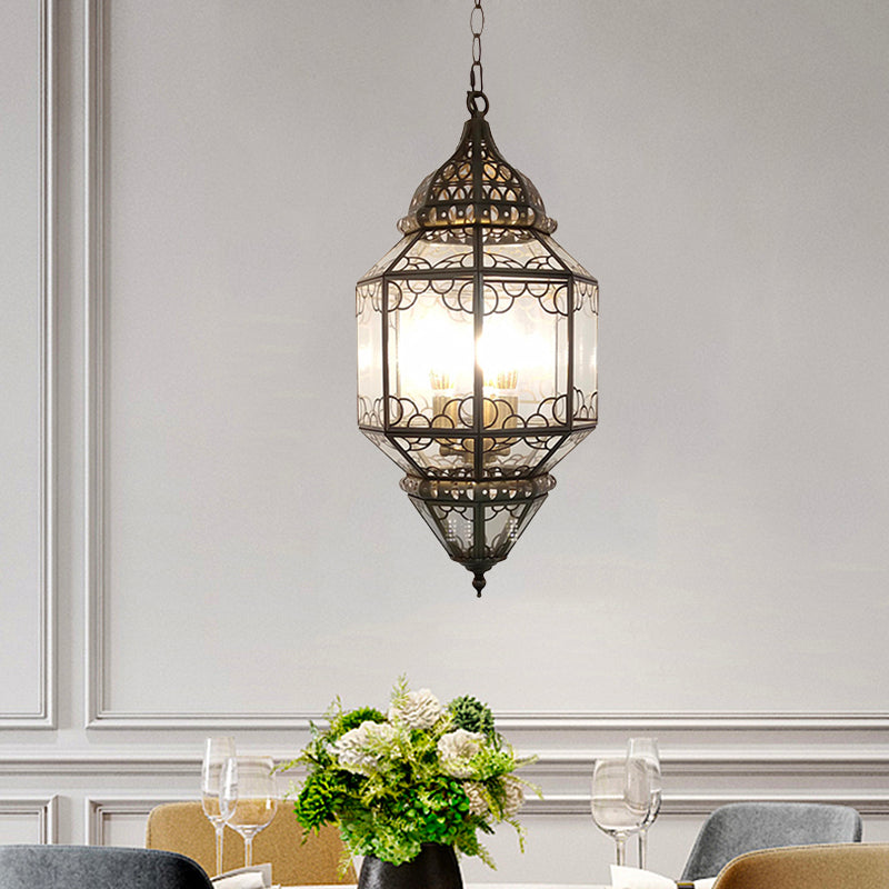 3-Head Pendant Lighting Antiqued Arab Balcony Hanging Chandelier with Lantern Clear Glass Shade in Bronze