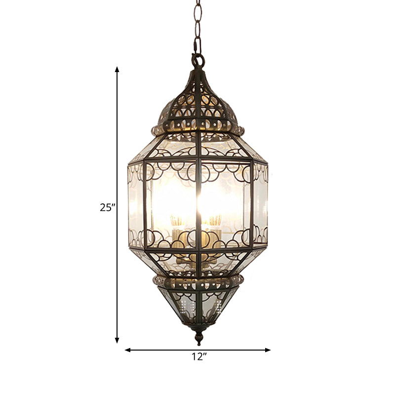 3-Head Pendant Lighting Antiqued Arab Balcony Hanging Chandelier with Lantern Clear Glass Shade in Bronze