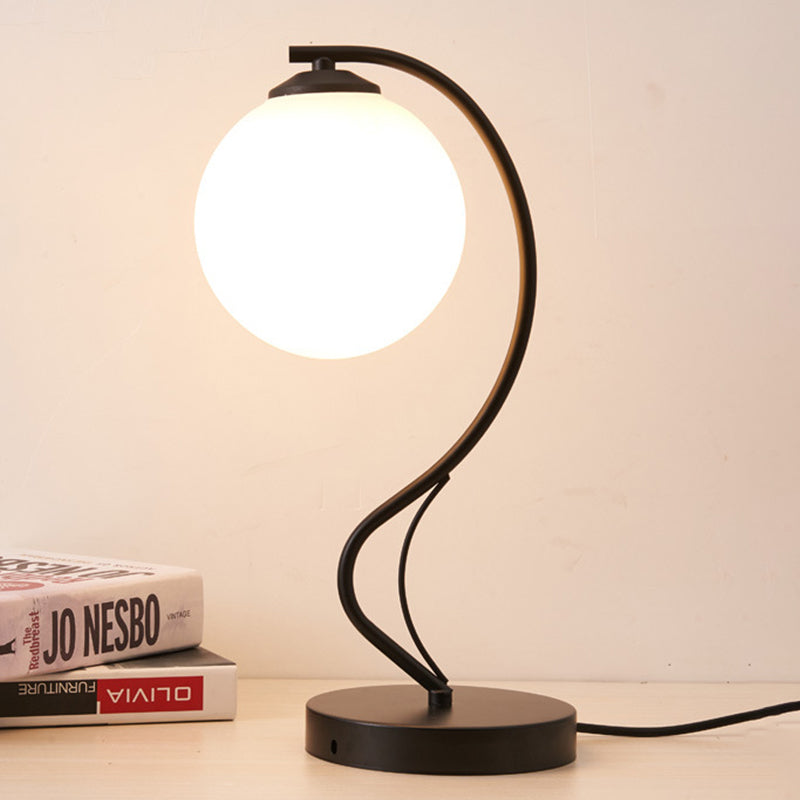 White Glass Ball Task Lamp Modernist 1 Head Black Reading Book Light with Curved Metal Arm