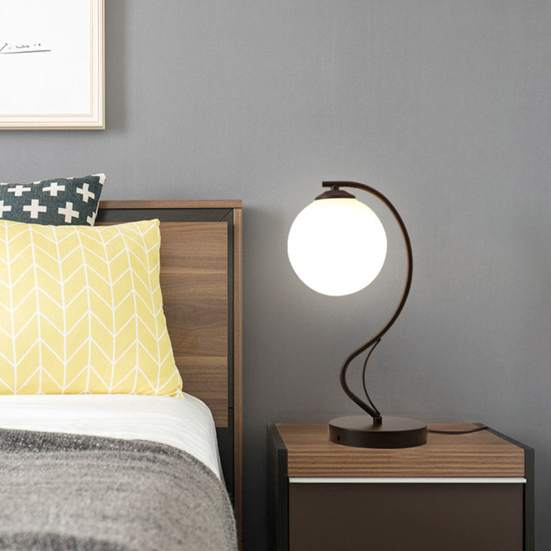 White Glass Ball Task Lamp Modernist 1 Head Black Reading Book Light with Curved Metal Arm