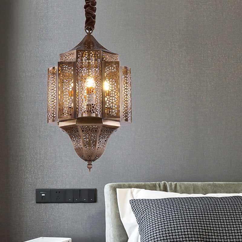 Brass Lantern Suspension Lamp Arab Metal 3-Bulb Restaurant Chandelier Pendant Light