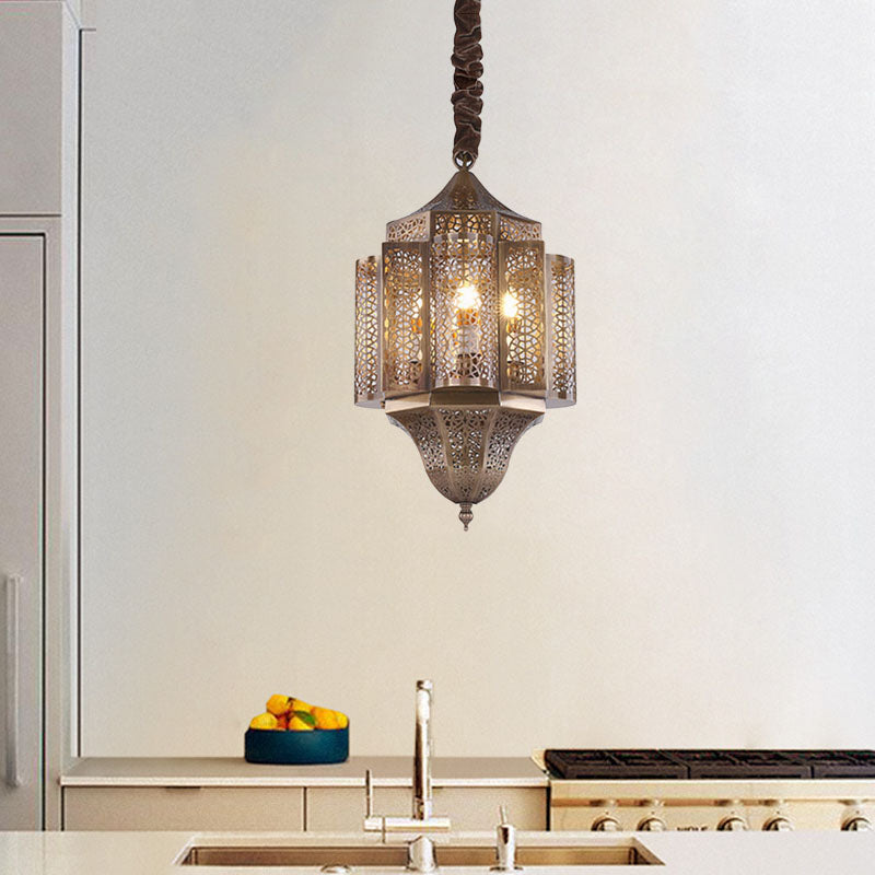 Brass Lantern Suspension Lamp Arab Metal 3-Bulb Restaurant Chandelier Pendant Light