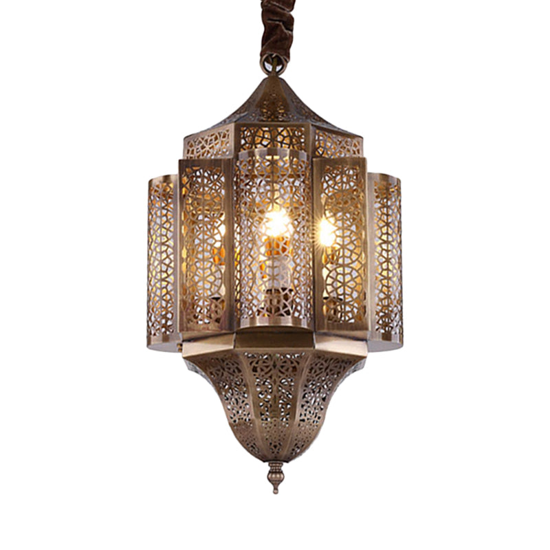 Brass Lantern Suspension Lamp Arab Metal 3-Bulb Restaurant Chandelier Pendant Light