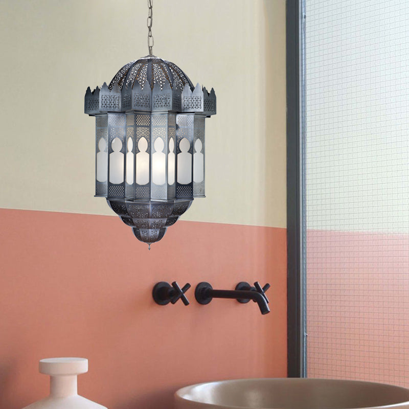6 Heads Lantern Ceiling Chandelier Art Deco Grey Finish Metallic Hanging Pendant Light
