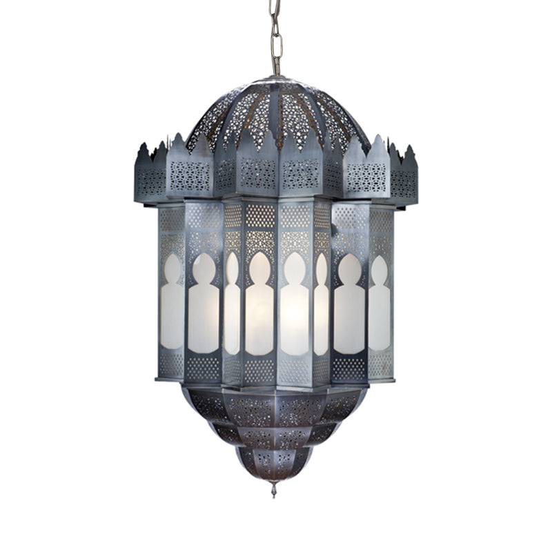 6 Heads Lantern Ceiling Chandelier Art Deco Grey Finish Metallic Hanging Pendant Light