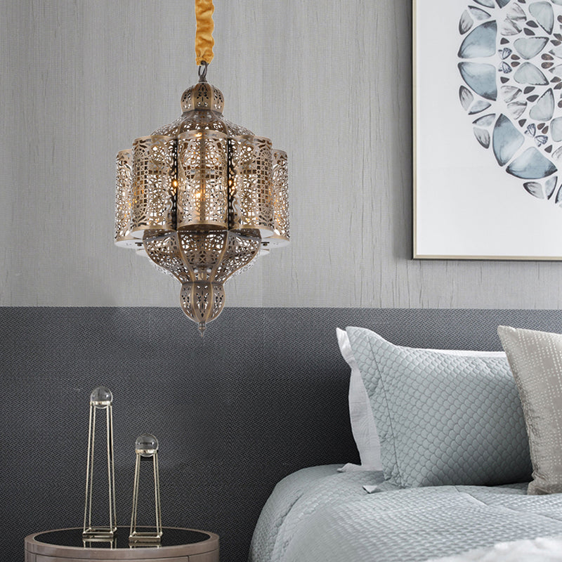 3 Lights Metal Hanging Chandelier Vintage Brass Castle Shape Living Room Suspension Lamp with Hollowed Out Design