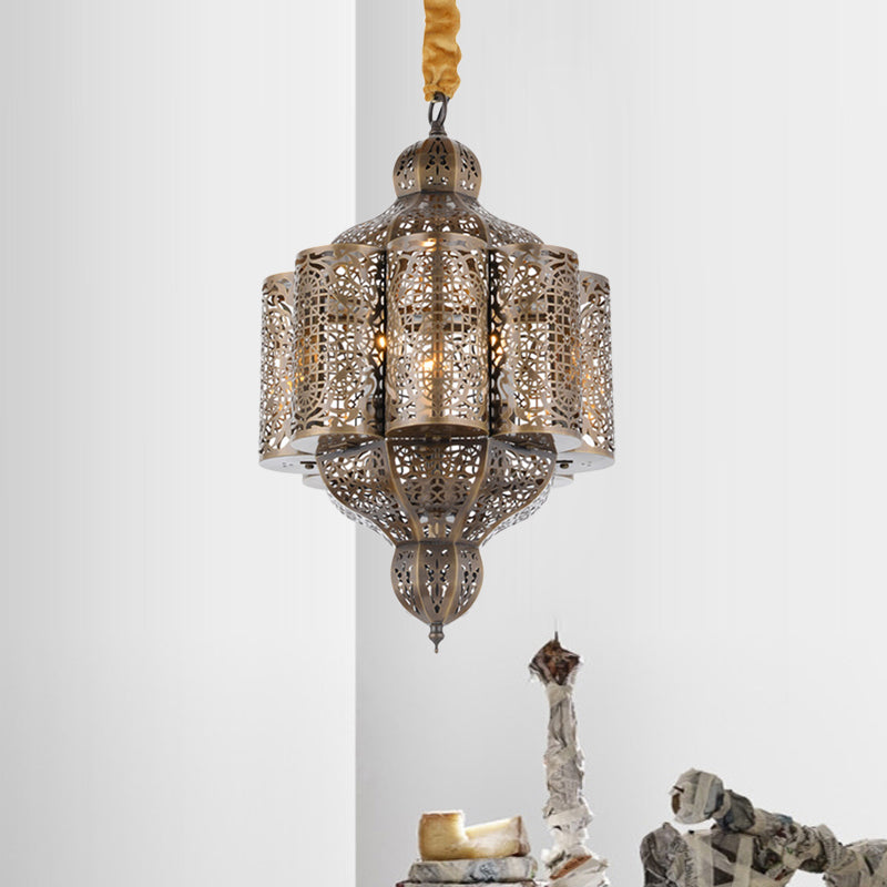 3 Lights Metal Hanging Chandelier Vintage Brass Castle Shape Living Room Suspension Lamp with Hollowed Out Design