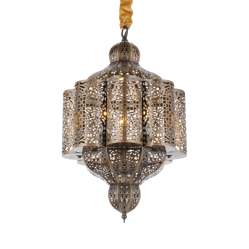 3 Lights Metal Hanging Chandelier Vintage Brass Castle Shape Living Room Suspension Lamp with Hollowed Out Design