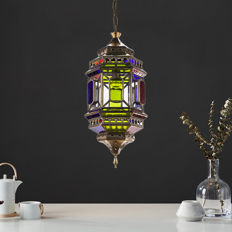 3-Bulb Hanging Lighting Art Deco Castle Shape Colorful Glass Chandelier Pendant Lamp in Brass
