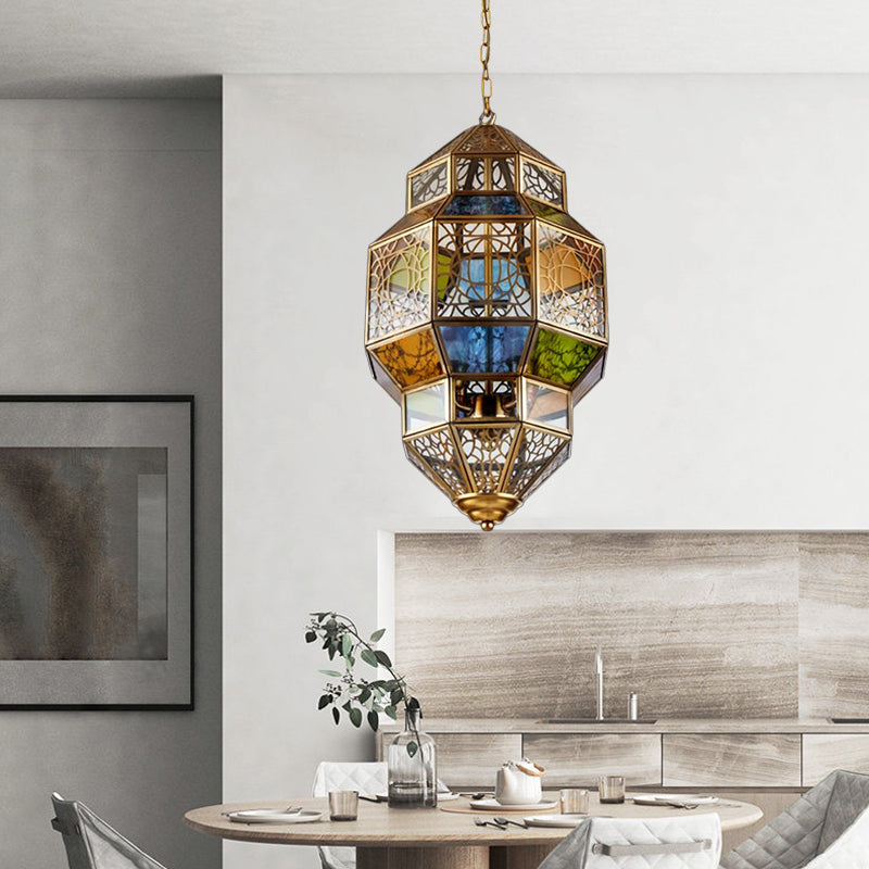 3-Head Gourd Chandelier Lighting Arab Brass Finish Metallic Hanging Ceiling Lamp with Colorful Glass Shade