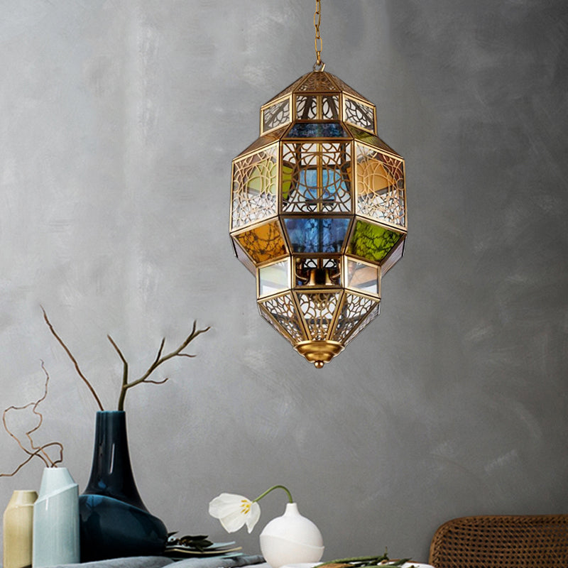 3-Head Gourd Chandelier Lighting Arab Brass Finish Metallic Hanging Ceiling Lamp with Colorful Glass Shade