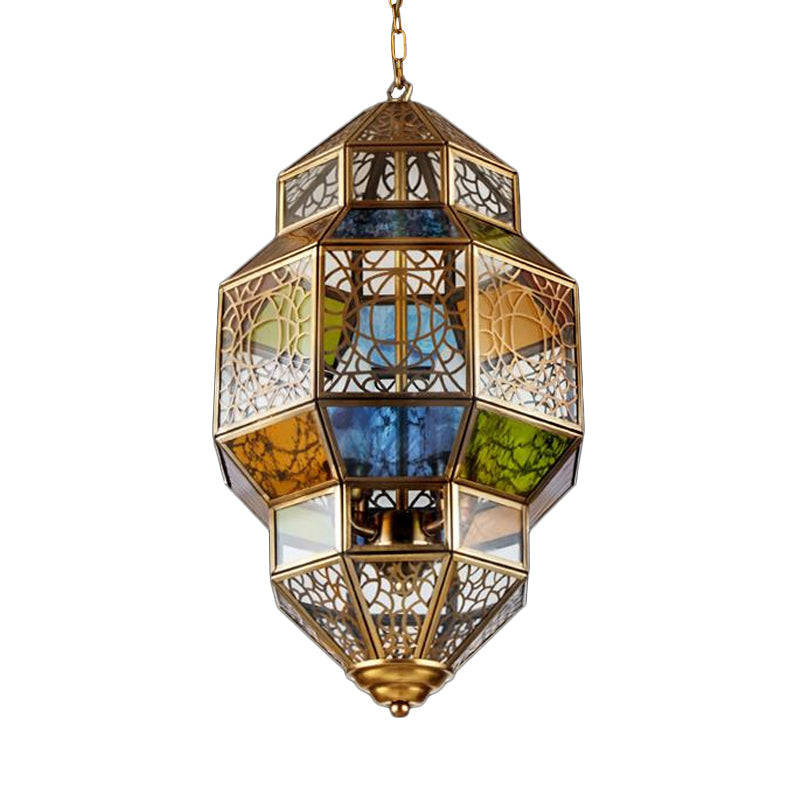 3-Head Gourd Chandelier Lighting Arab Brass Finish Metallic Hanging Ceiling Lamp with Colorful Glass Shade