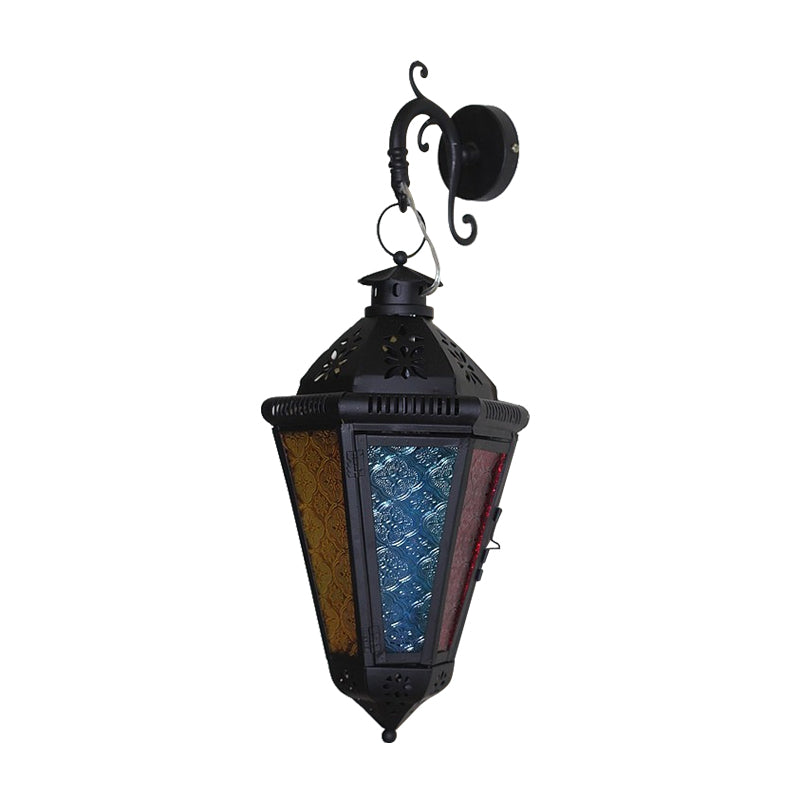 1 ampoule Iron Gince Lampe Art déco bleu / cône noir Balcony Moup de plafond Light avec nuance en verre coloré