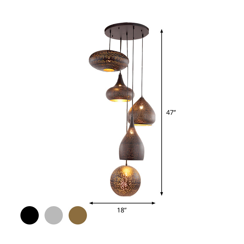 Antiquled ausgehängte hängende hängende 5 Köpfe Eisen -Cluster -Anhängerlampe in Schwarz/Silber/Messing mit runden Baldachin