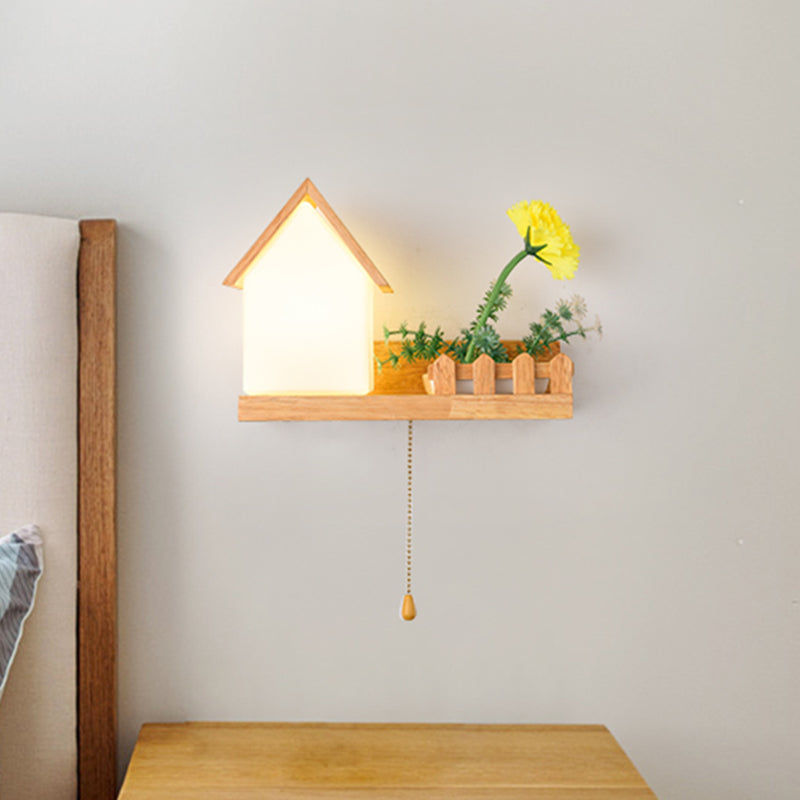 House Bedroom Sconce Light Industrial Frosted Glass 1 Bulb Wood LED Flower Wall Lighting, Left/Right