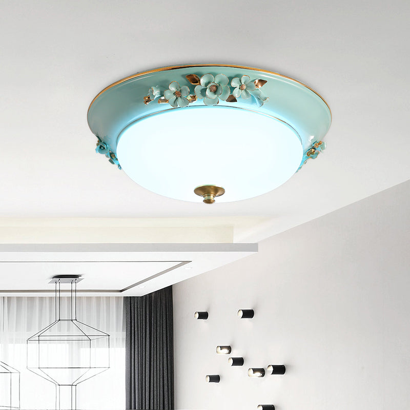 White 1 Head Ceiling Light Fixture Countryside Metal Dome LED Flush Mount Lighting for Bedroom, 12"/14.5"/17" Wide