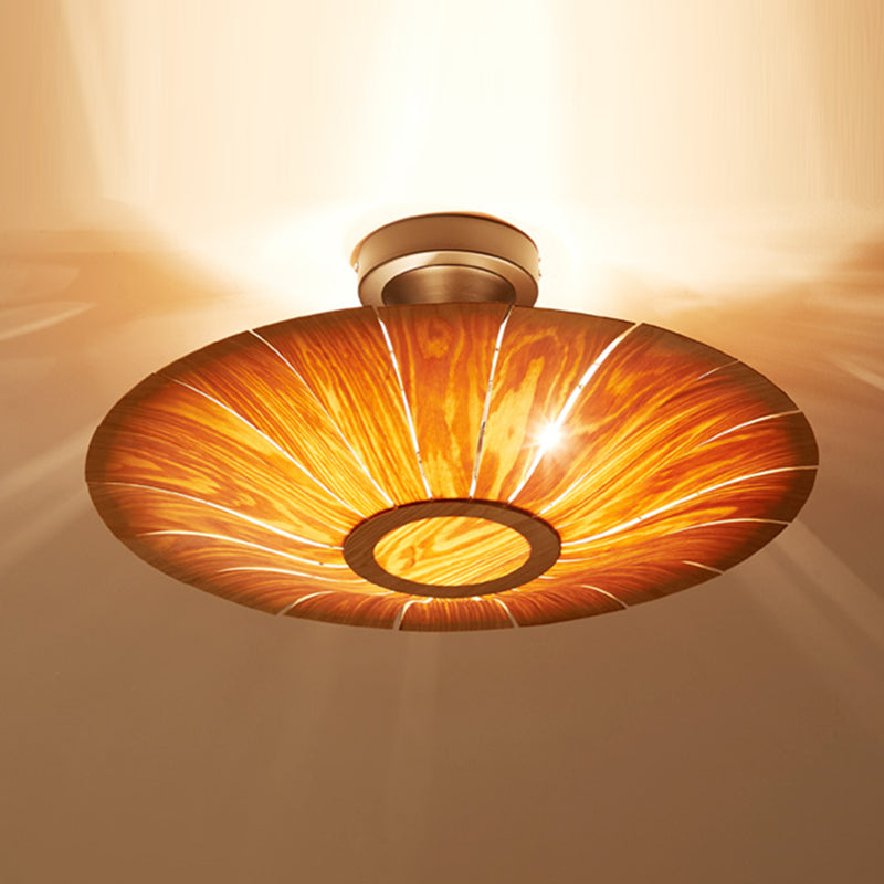 Simple Flush Mount Light Fixture Modern Ceiling Lamp with Wooden Shade for Sitting Room