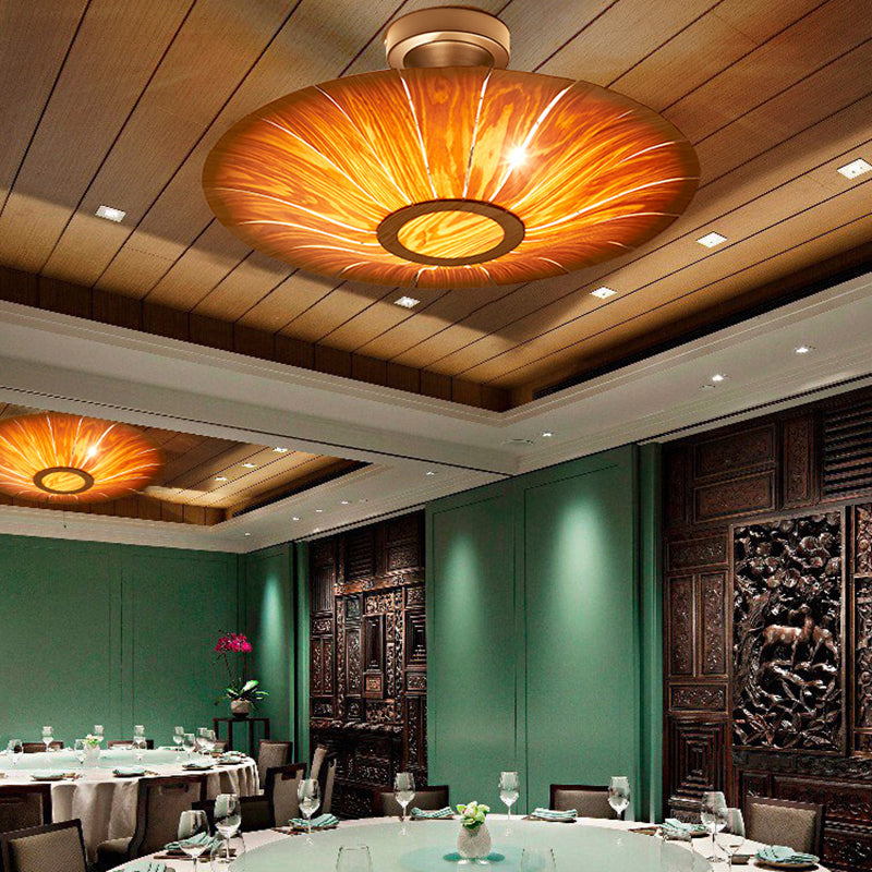 Simple Flush Mount Light Fixture Modern Ceiling Lamp with Wooden Shade for Sitting Room