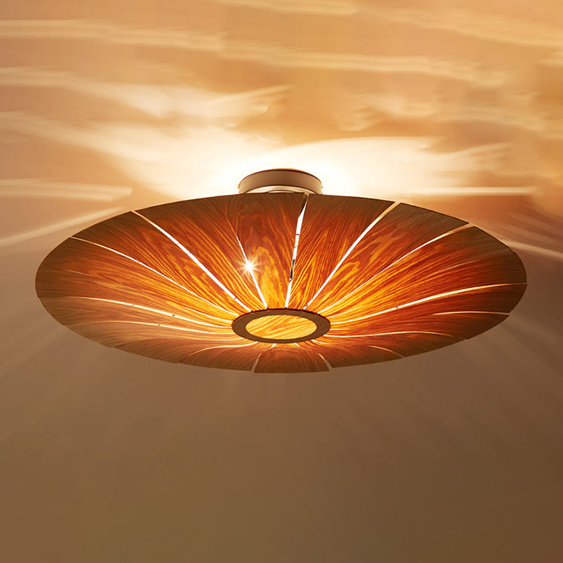 Simple Flush Mount Light Fixture Modern Ceiling Lamp with Wooden Shade for Sitting Room