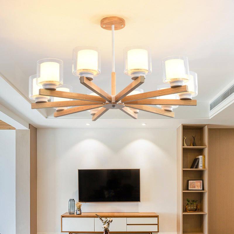 Wooden Chandelier Modern Living Room Suspension Lamp with Glass Shade
