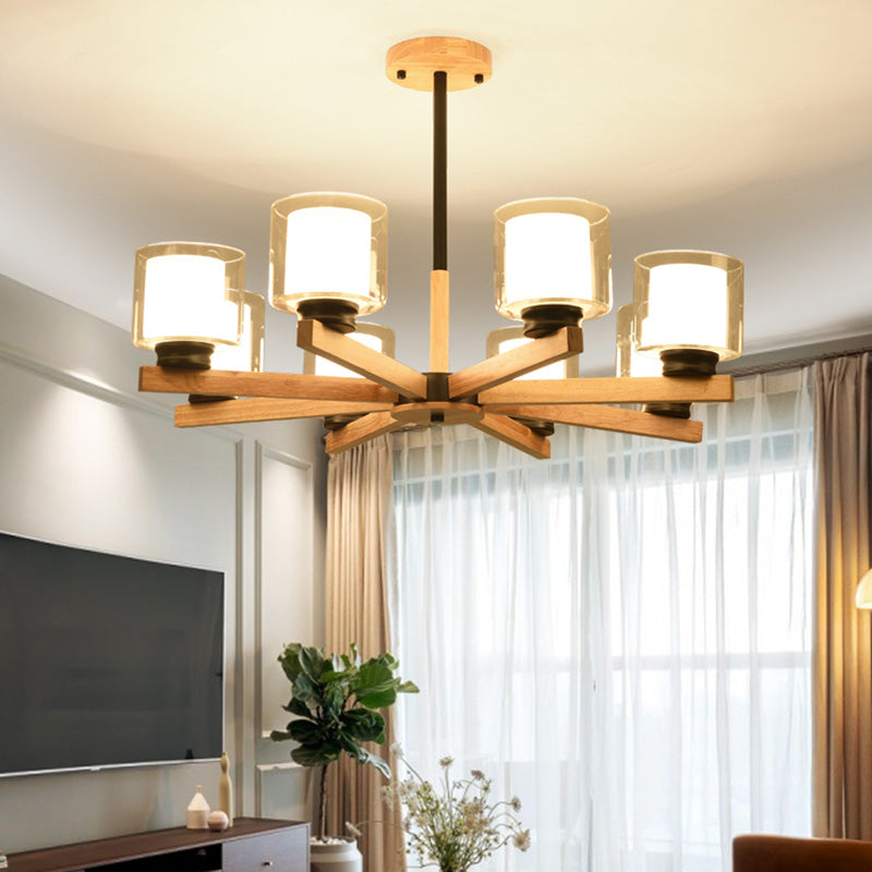 Wooden Chandelier Modern Living Room Suspension Lamp with Glass Shade