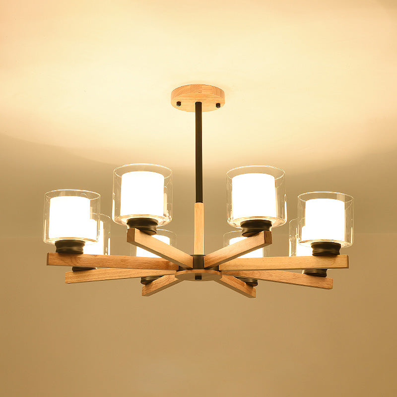 Wooden Chandelier Modern Living Room Suspension Lamp with Glass Shade