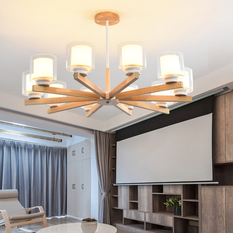 Wooden Chandelier Modern Living Room Suspension Lamp with Glass Shade