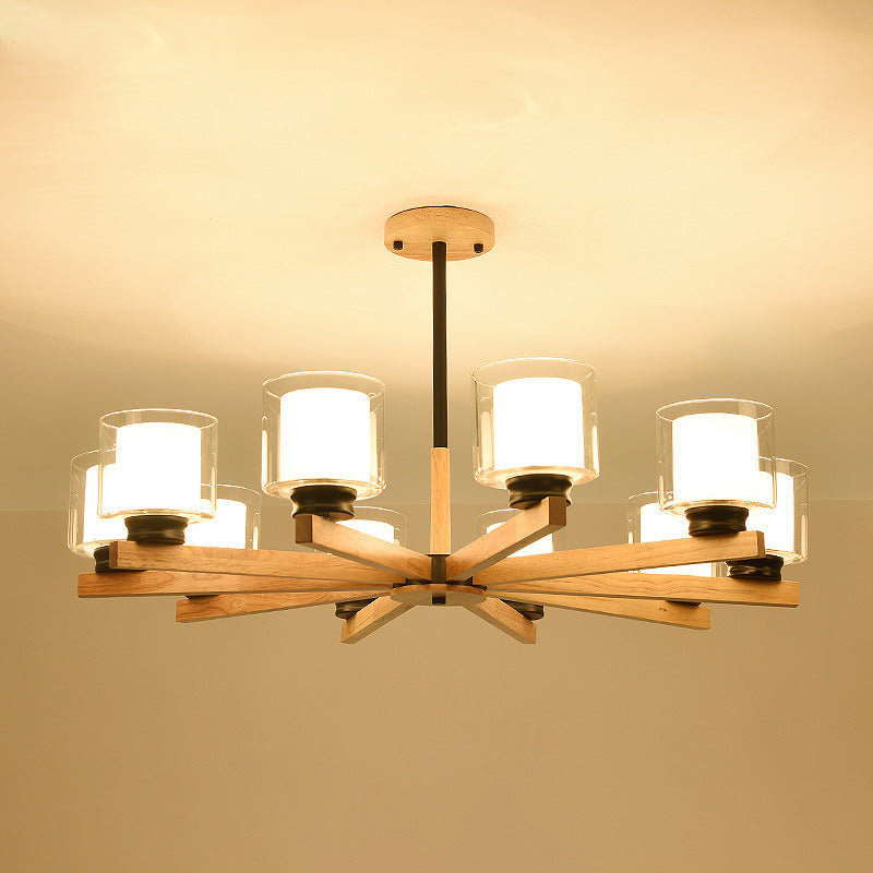 Wooden Chandelier Modern Living Room Suspension Lamp with Glass Shade