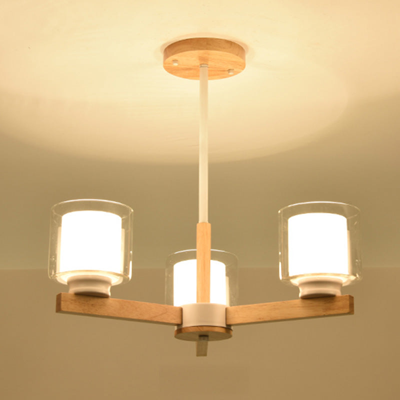 Wooden Chandelier Modern Living Room Suspension Lamp with Glass Shade