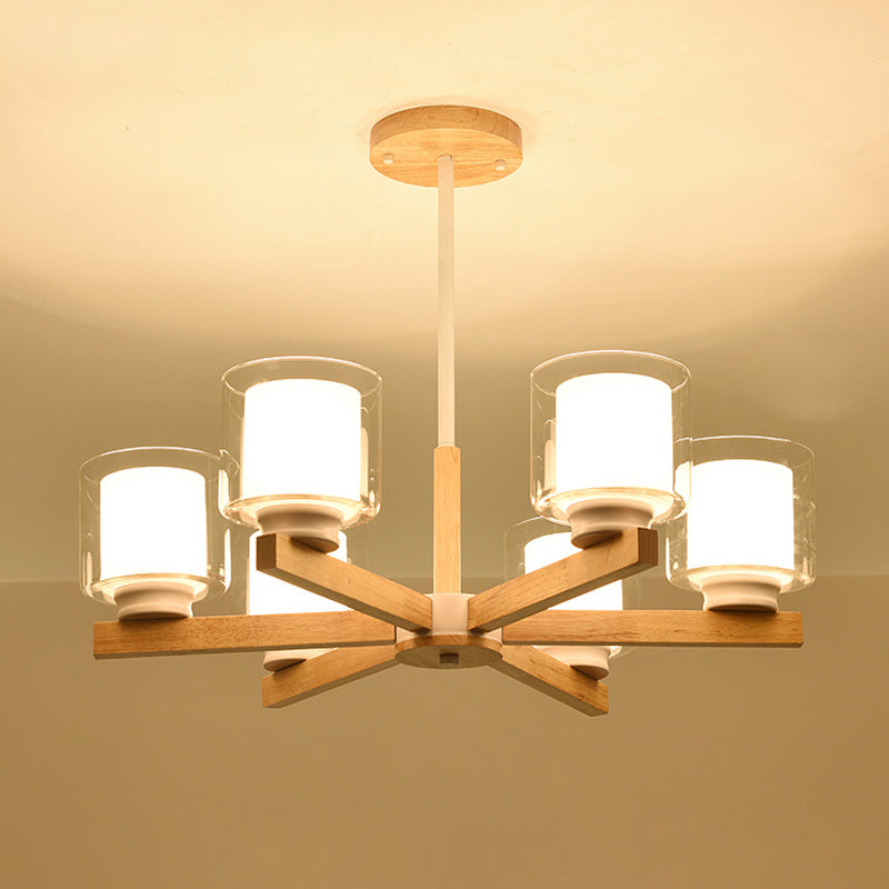 Wooden Chandelier Modern Living Room Suspension Lamp with Glass Shade