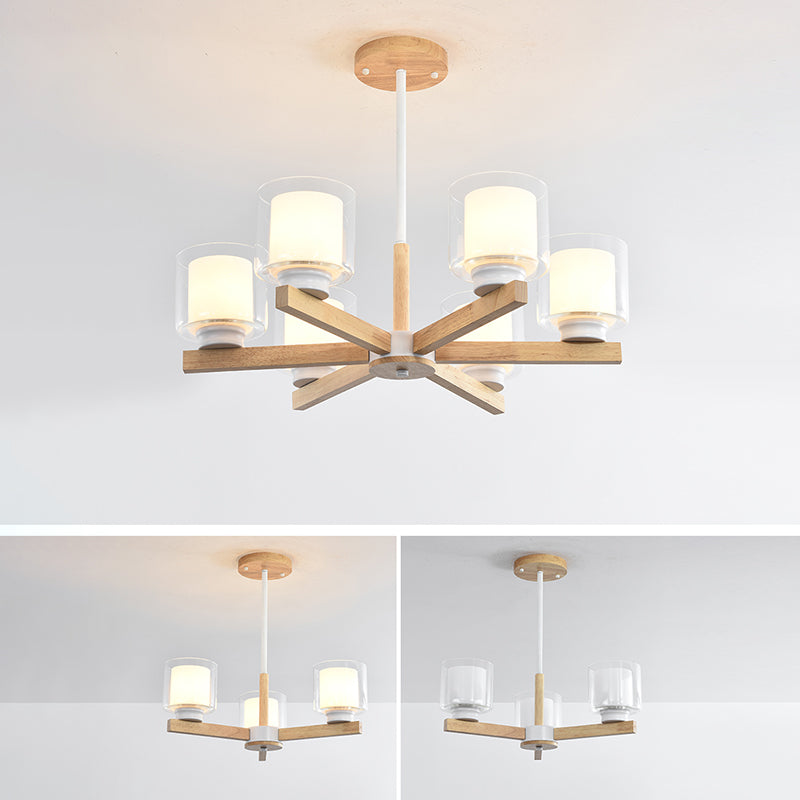 Wooden Chandelier Modern Living Room Suspension Lamp with Glass Shade