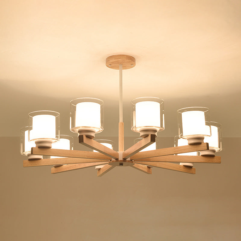 Wooden Chandelier Modern Living Room Suspension Lamp with Glass Shade