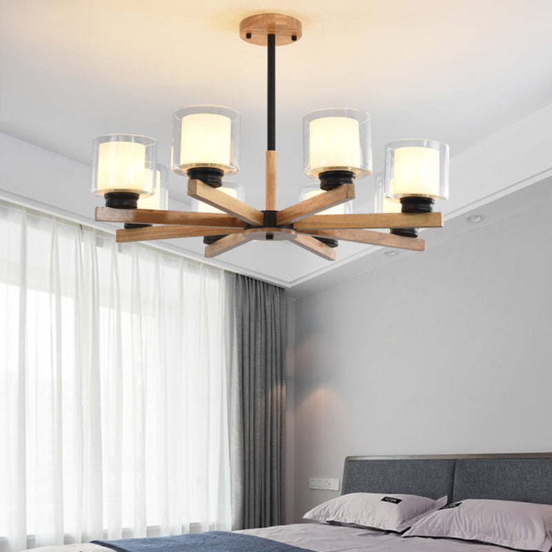 Wooden Chandelier Modern Living Room Suspension Lamp with Glass Shade