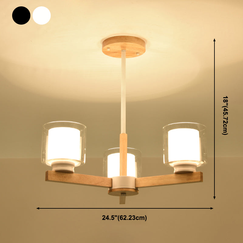 Wooden Chandelier Modern Living Room Suspension Lamp with Glass Shade