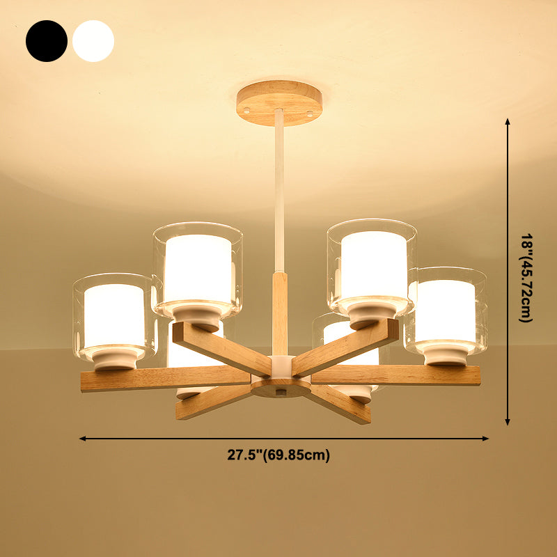 Wooden Chandelier Modern Living Room Suspension Lamp with Glass Shade