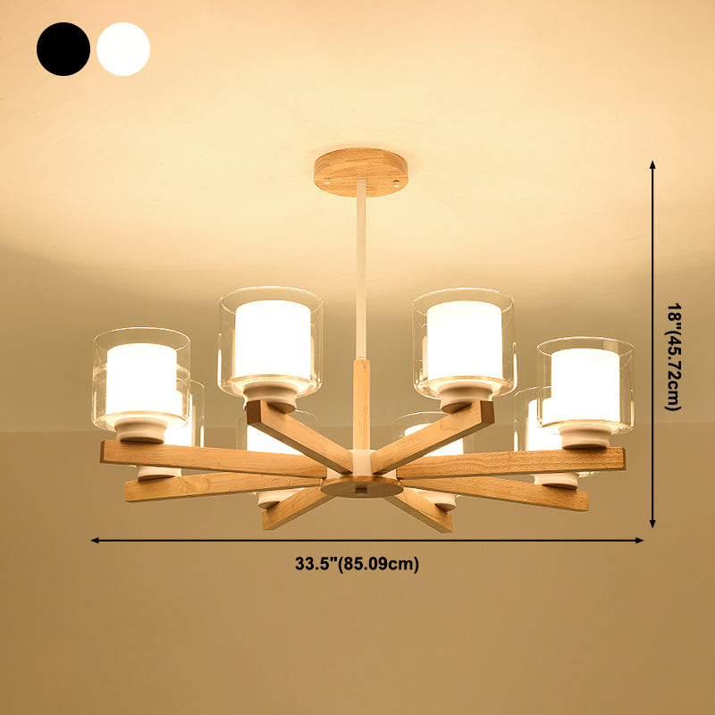 Wooden Chandelier Modern Living Room Suspension Lamp with Glass Shade