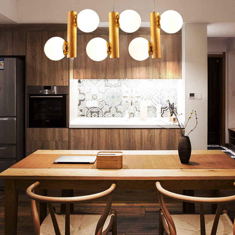 Glass Globe Pendant Chandelier Nordic Wood Hanging Light for Dining Room