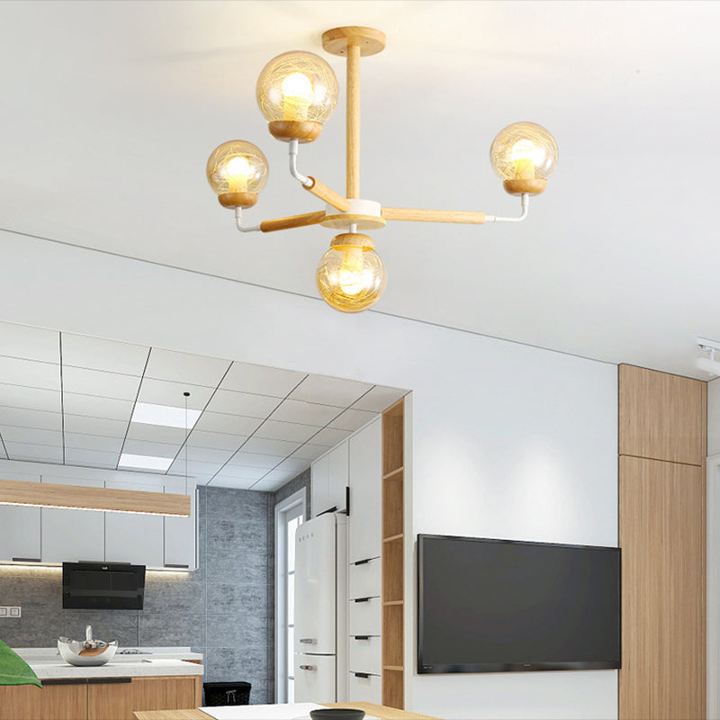 Minimalist Globe Chandelier Wooden 4-Light Bedroom Suspension Light with Glass Shade