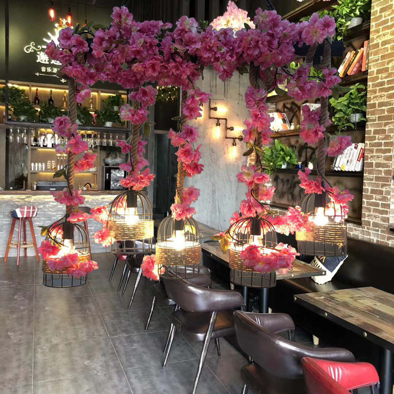 Metal Black Island Pendant Light Cage 5 Bulbs Industrial Flower Hanging Lamp Kit for Restaurant