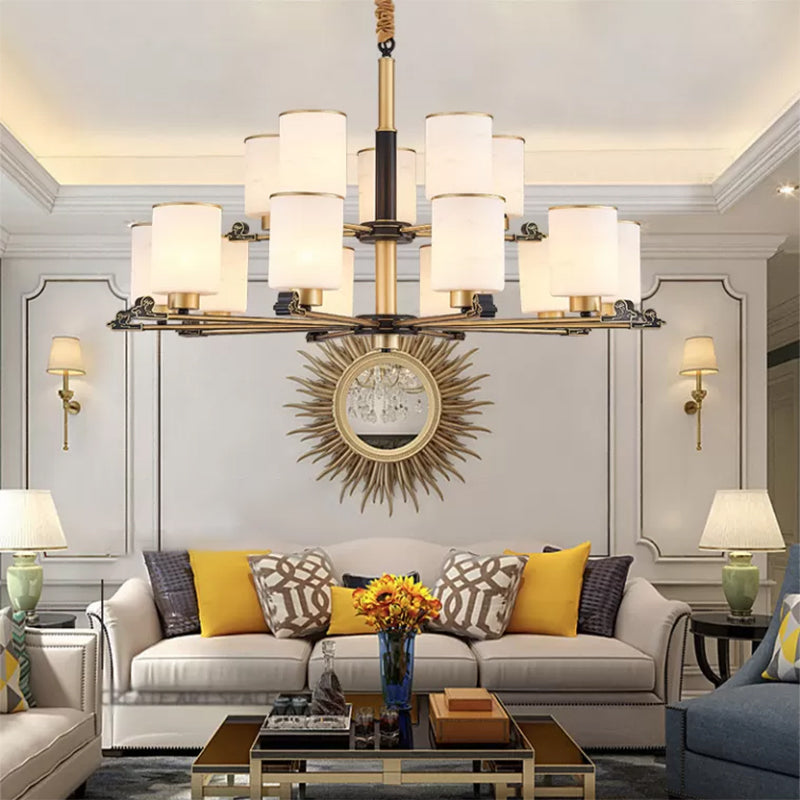 Contemporary Indoor Hanging Light Metal Cylindrical Chandelier with Glass Shade