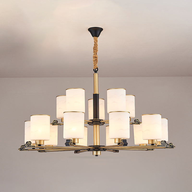 Contemporary Indoor Hanging Light Metal Cylindrical Chandelier with Glass Shade