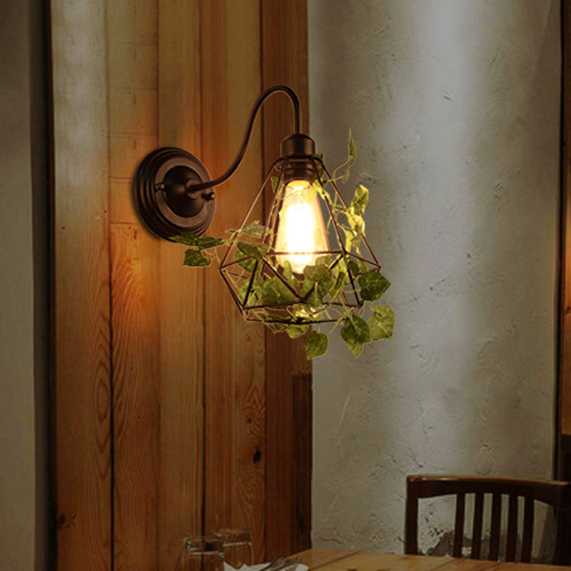 1 Light Wall Lighting Fixture Industrial Diamond/Globe/Square Metal LED Wall Lamp Sconce in Black with Plant