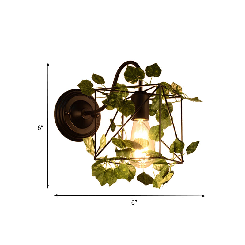 1 Light Wall Lighting Fixture Industrial Diamond/Globe/Square Metal LED Wall Lamp Sconce in Black with Plant