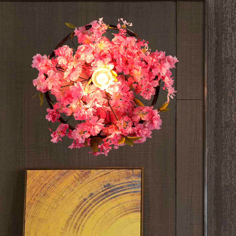 Vintage Wagon Wheel Wall Light 1 Bulb LED Metal Wall Sconce Lighting in Pink/Green with Flower/Plant Decor