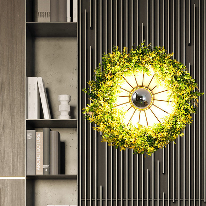 Vintage Wagon Wheel Wall Light 1 Bulb LED Metal Wall Sconce Lighting in Pink/Green with Flower/Plant Decor