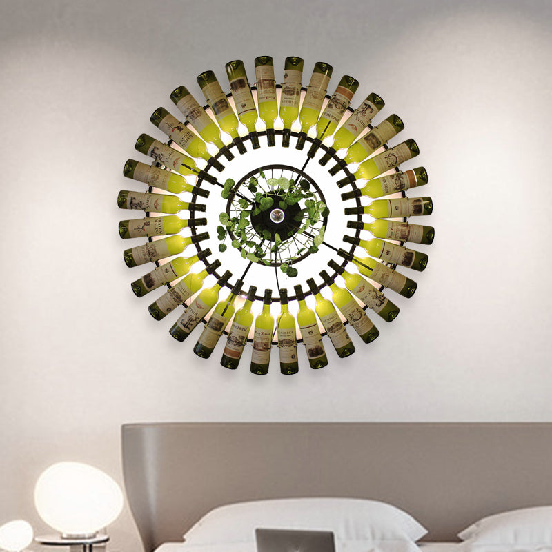 LED Wall Lighting Fixture Industrial Wine Bottle Metal Wall Lamp Sconce in Black with Plant
