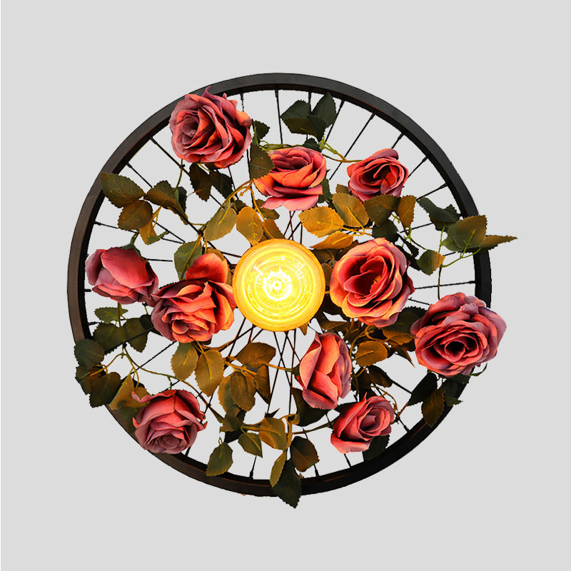 Vintage Wheel Wall Mount Lighting 1 Bulb Metal LED Rose Wall Sconce Light in Black for Restaurant