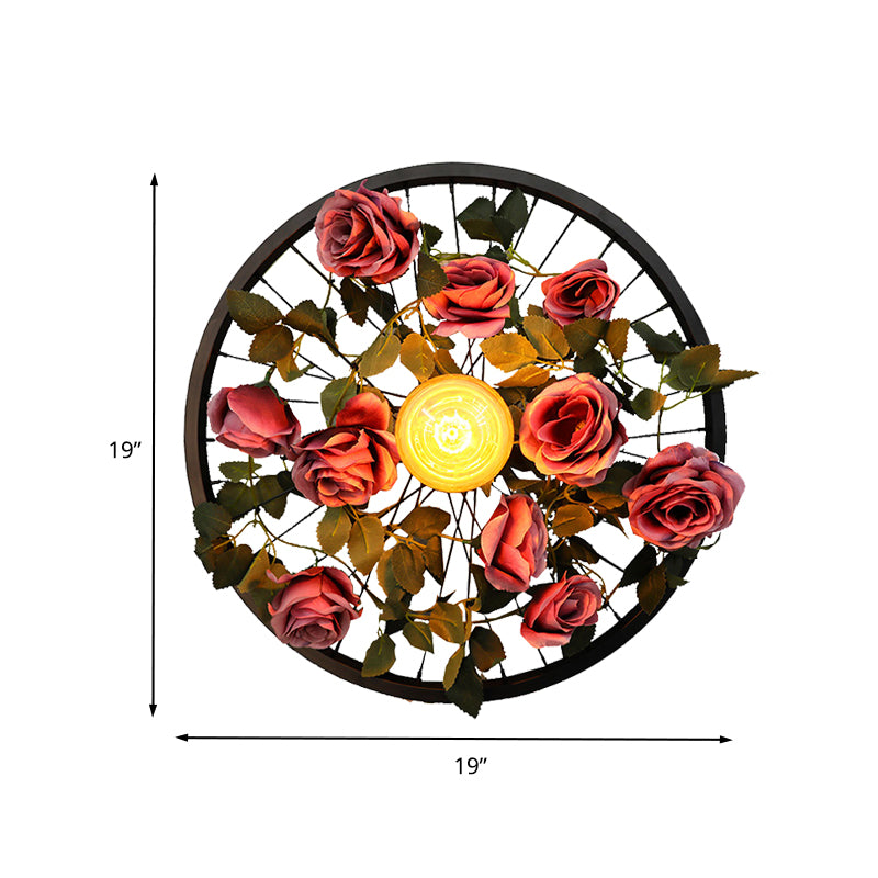 Vintage Wheel Wall Mount Lighting 1 Bulb Metal LED Rose Wall Sconce Light in Black for Restaurant