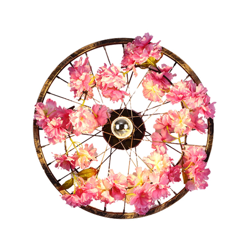 Antique Wheel Wall Mount Lighting LED Metal Cherry Blossom Wall Sconce Light in Brass, 12.5"/16.5"/20.5" Dia
