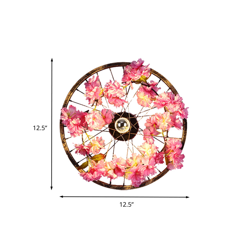 Antique Wheel Wall Mount Lighting LED Metal Cherry Blossom Wall Sconce Light in Brass, 12.5"/16.5"/20.5" Dia